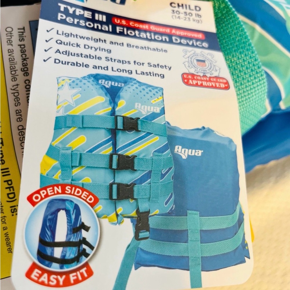 Aqua Child Life Jacket - Teal & Yellow/ Child size life jacket 30-50 lbs